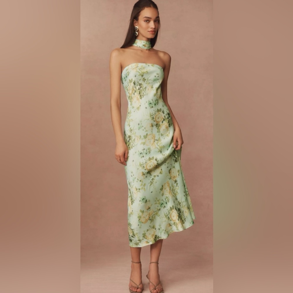 NWT - BHLDN LEAH STRAPLESS SATIN SCARF MIDI SLIP DRESS - SIZE M - Green